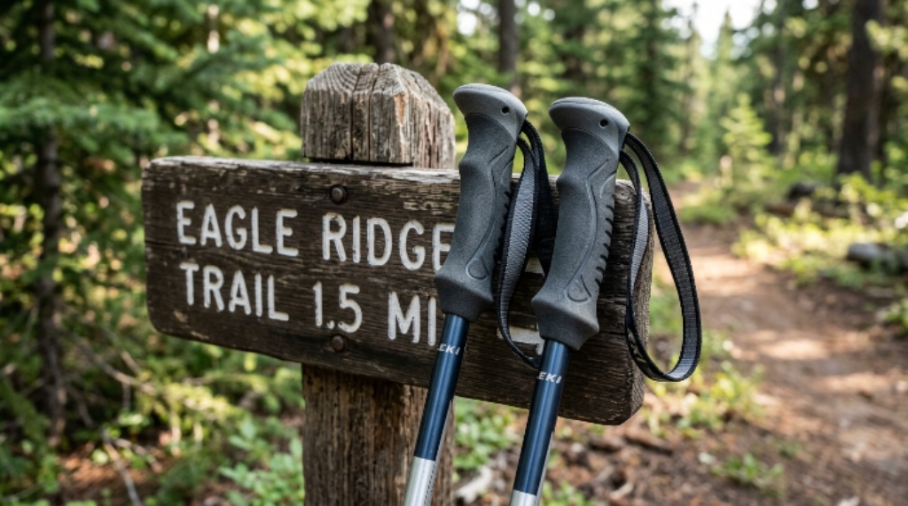 Close-up of arthritis-friendly trekking poles with foam comfort grips resting against a trail sign