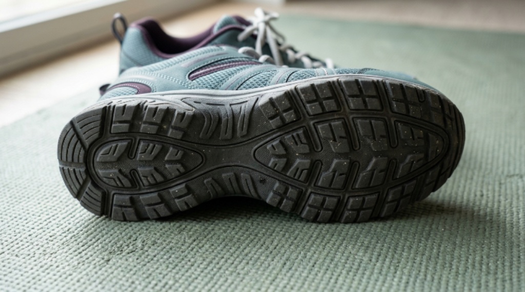 Closeup of a durable rubber outsole on budget-friendly women's workout shoes placed on a yoga mat
