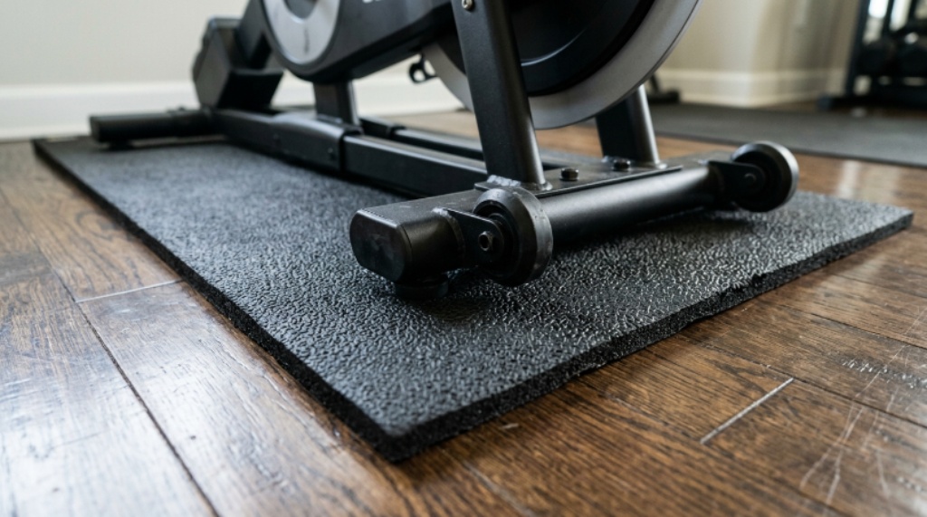 Close-up of a high-density vibration dampening mat beneath the feet of a stationary spin bike on a hardwood floor
