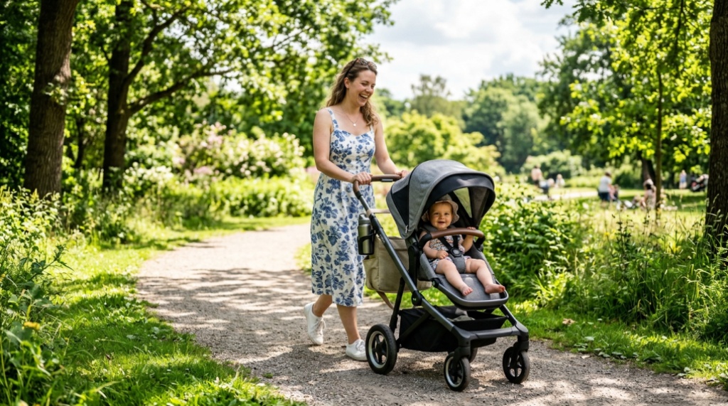 Portable clip-on fan attached to baby stroller for cooling.